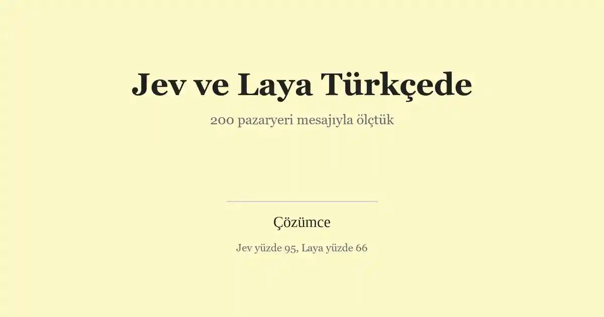 Jev ve Laya Türkçe karar ölçümü kapak görseli: 200 pazaryeri mesajı, Jev yüzde 95, Laya yüzde 66