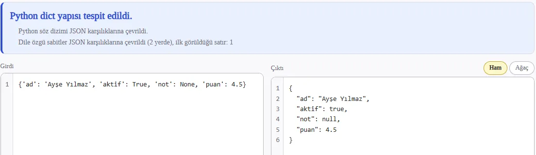 JSON Biçimlendirici, tek satırlık Python sözlüğünü tanıyıp JSON'a çevirdi ve yaptığı iki değişikliği listeledi