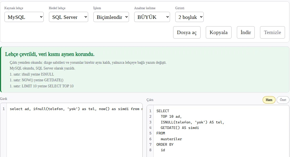 MySQL'den SQL Server'a çeviri: ifnull, now ve limit yazımlarının değiştiği yeşil kutu ve çıktı