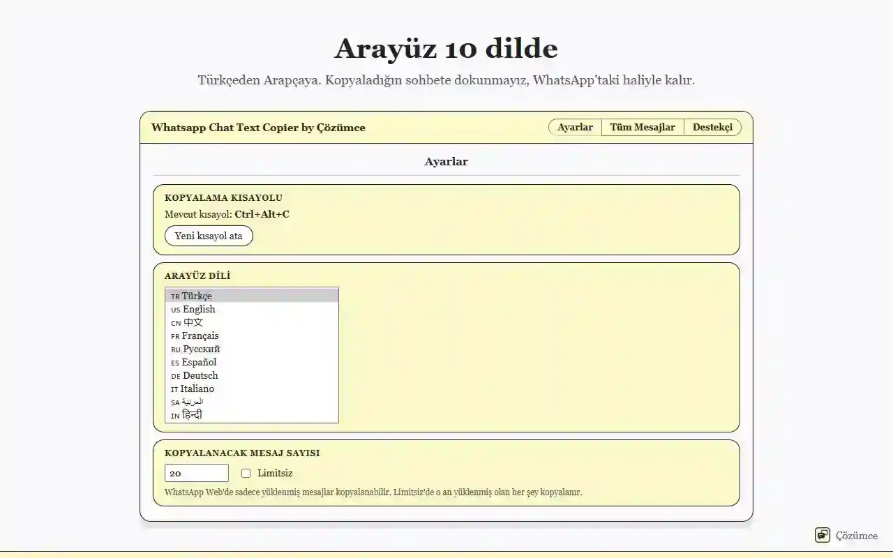 Arayüz 10 dilde