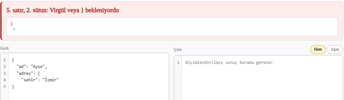 Kapanmamış süslü parantezde JSON Biçimlendirici çıktı üretmedi, hatayı 5. satır 2. sütunda ^ işaretiyle gösterdi
