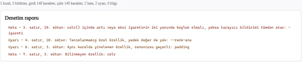 CSS Biçimlendirici denetim raporu: calc() boşluğu, tanımsız değişken, yinelenen özellik ve bilinmeyen özellik