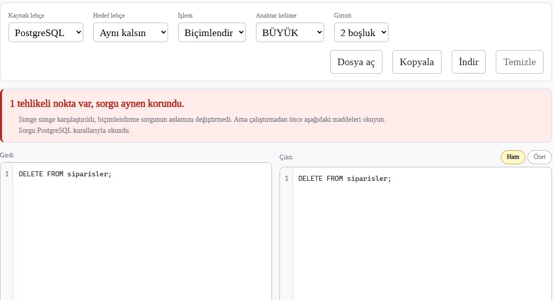 WHERE'siz DELETE sorgusunda SQL Biçimlendirici kırmızı tehlike kutusu gösteriyor: sorgu aynen korundu