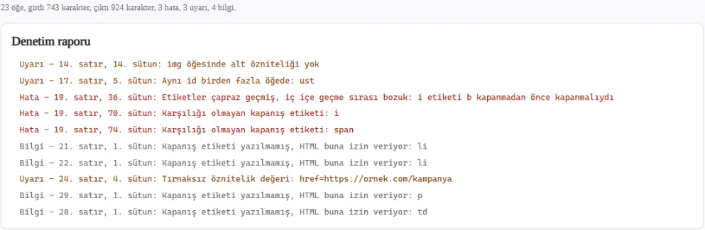 HTML Biçimlendirici denetim raporu: 3 hata, 3 uyarı ve 4 bilgi satır ve sütun numaralarıyla listeleniyor