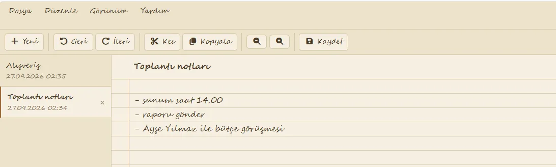 Sepya teması ve El Yazısı yazı tipiyle iki kurgusal not açık Not Defteri