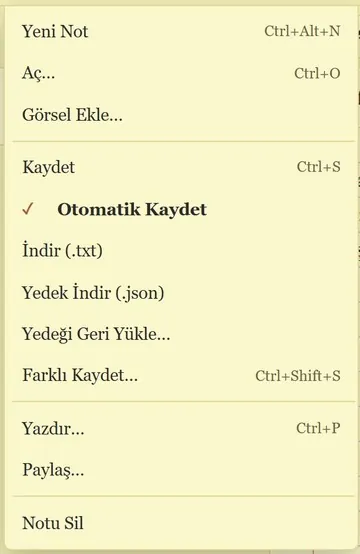 Not Defteri'nin Dosya menüsü: Görsel Ekle, Yedek İndir (.json) ve Yedeği Geri Yükle komutları