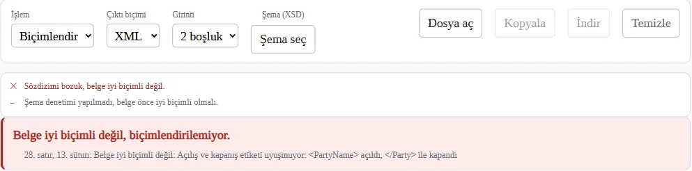 XML Biçimlendirici sözdizimi hatası: 28. satır 13. sütunda PartyName açıldı, Party ile kapandı
