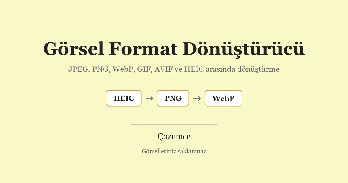 Krem zeminde Görsel Format Dönüştürücü adı, kısa açıklaması ve HEIC, PNG, WebP format zinciri