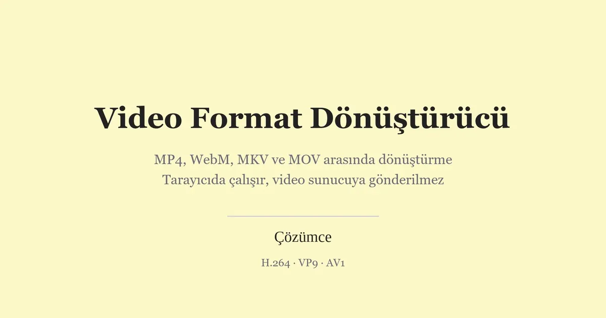Krem zeminde Video Format Dönüştürücü adı, tarayıcıda çalıştığını anlatan kısa metin ve H.264, VP9, AV1 kodek adları