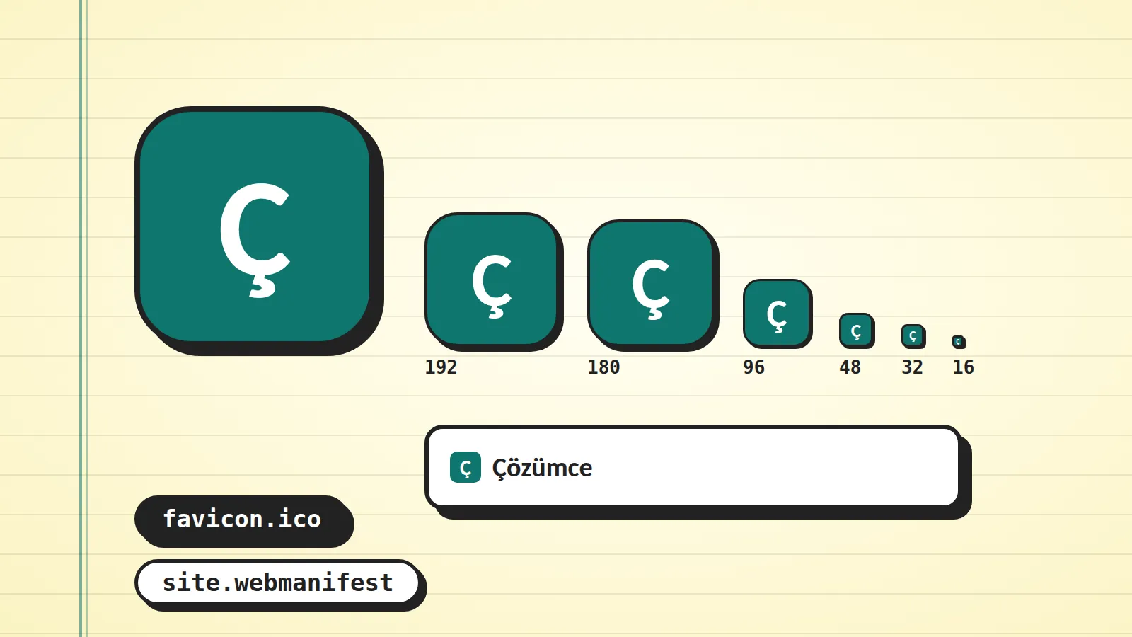 Favicon boyutlarını gösteren çizim: büyükten küçüğe 192, 180, 96, 48, 32 ve 16 piksel Ç simgeleri, tarayıcı sekmesi örneği, favicon.ico ve site.webmanifest etiketleri
