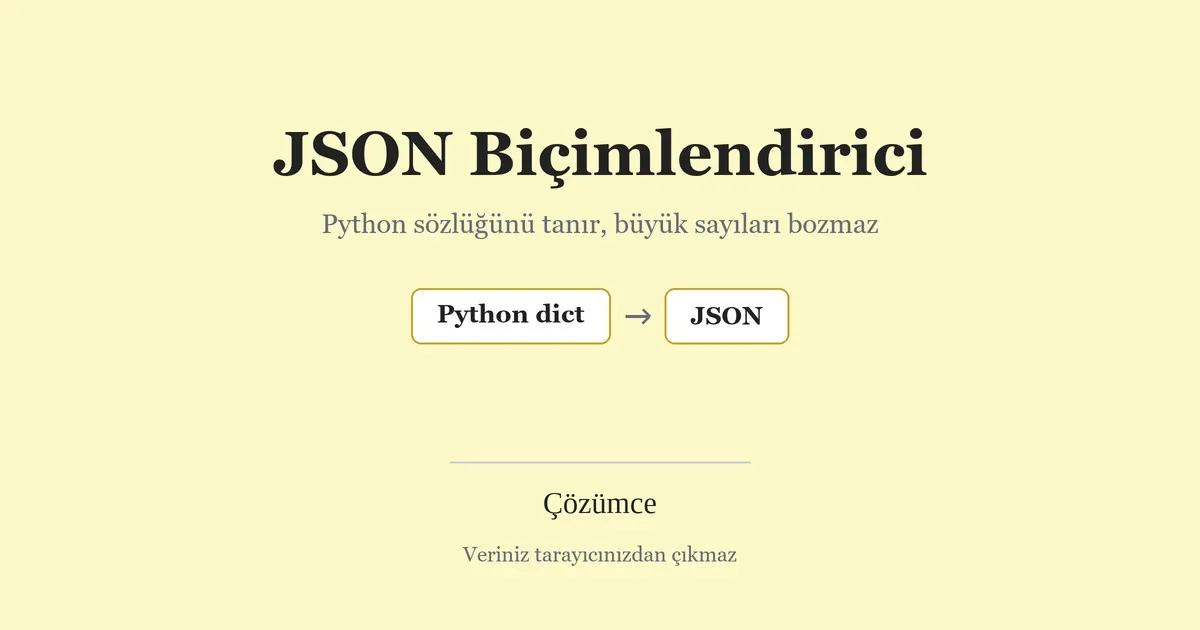 Krem zeminde JSON Biçimlendirici adı ve Python sözlüğünden JSON'a dönüşümü anlatan kutular